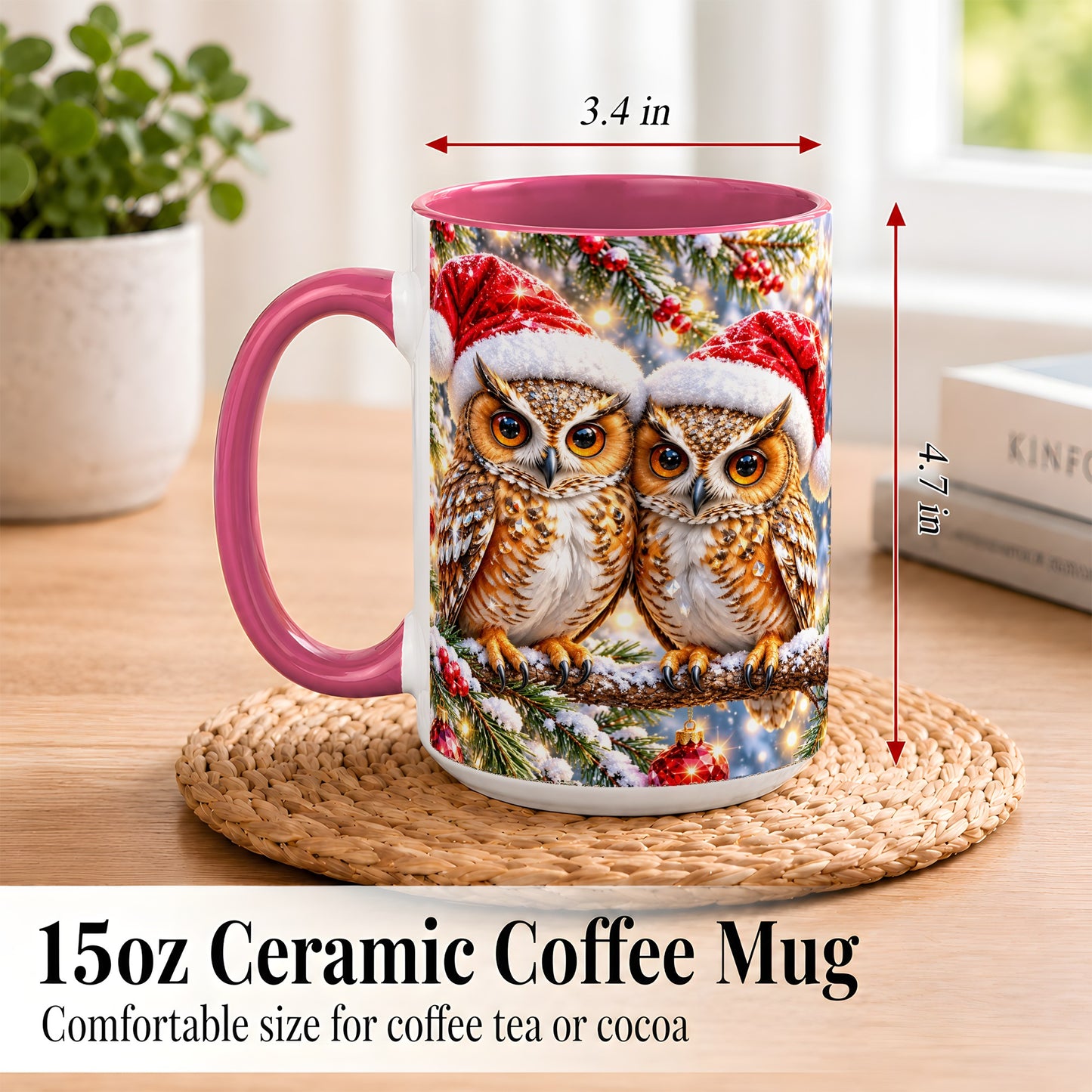 #pl[15oz|Pink] Christmas Owl Couple Coffee Mug, Winter Owl Mug, Ceramic Cup