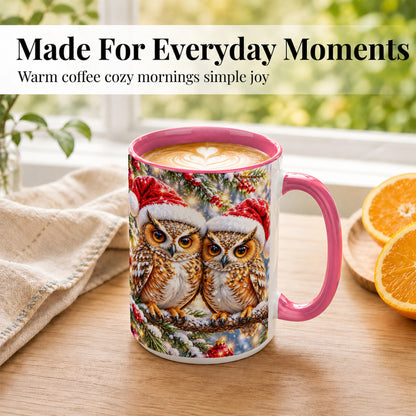 #pl[15oz|Pink] Christmas Owl Couple Coffee Mug, Winter Owl Mug, Ceramic Cup