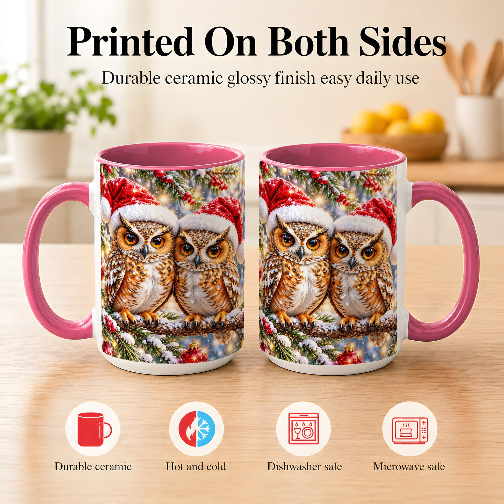 #pl[15oz|Pink] Christmas Owl Couple Coffee Mug, Winter Owl Mug, Ceramic Cup
