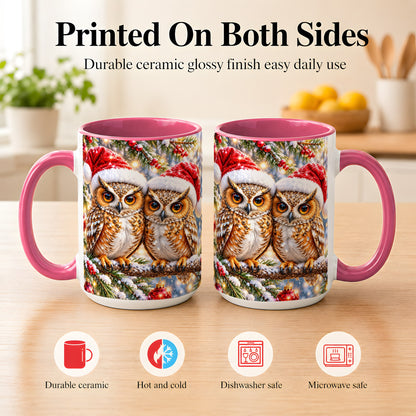 #pl[15oz|Pink] Christmas Owl Couple Coffee Mug, Winter Owl Mug, Ceramic Cup