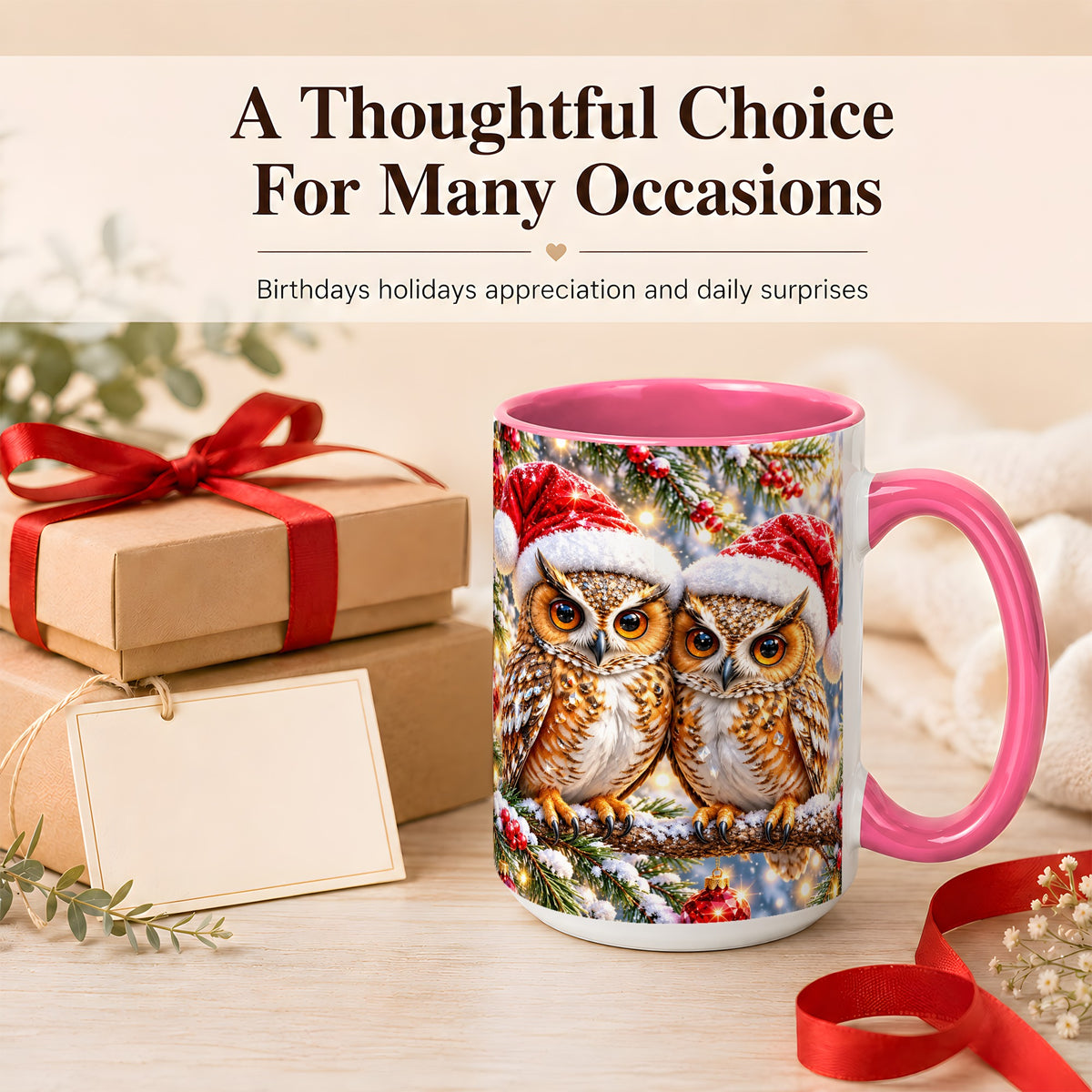 #pl[15oz|Pink] Christmas Owl Couple Coffee Mug, Winter Owl Mug, Ceramic Cup