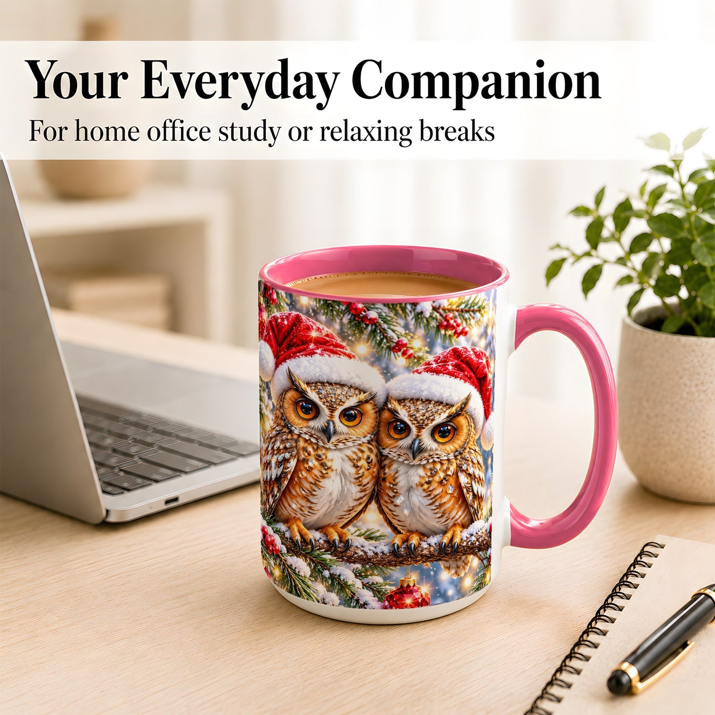 #pl[15oz|Pink] Christmas Owl Couple Coffee Mug, Winter Owl Mug, Ceramic Cup