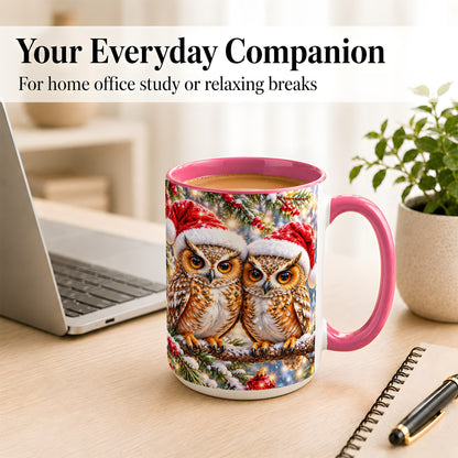 #pl[15oz|Pink] Christmas Owl Couple Coffee Mug, Winter Owl Mug, Ceramic Cup