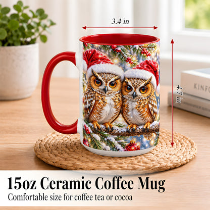 #pl[15oz|Red] Christmas Owl Couple Coffee Mug, Winter Owl Mug, Ceramic Cup