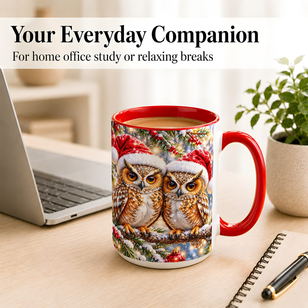 #pl[15oz|Red] Christmas Owl Couple Coffee Mug, Winter Owl Mug, Ceramic Cup