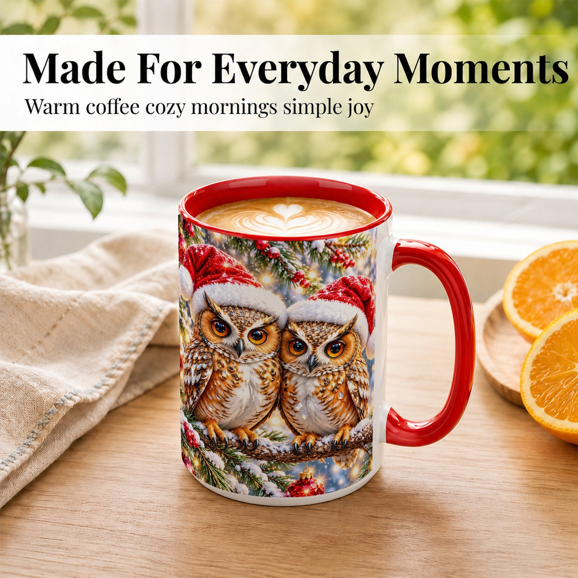 #pl[15oz|Red] Christmas Owl Couple Coffee Mug, Winter Owl Mug, Ceramic Cup