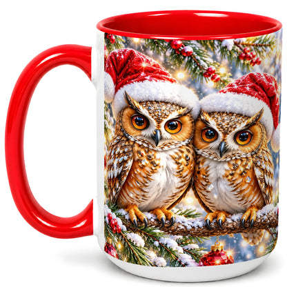 #pl[15oz|Red] Christmas Owl Couple Coffee Mug, Winter Owl Mug, Ceramic Cup