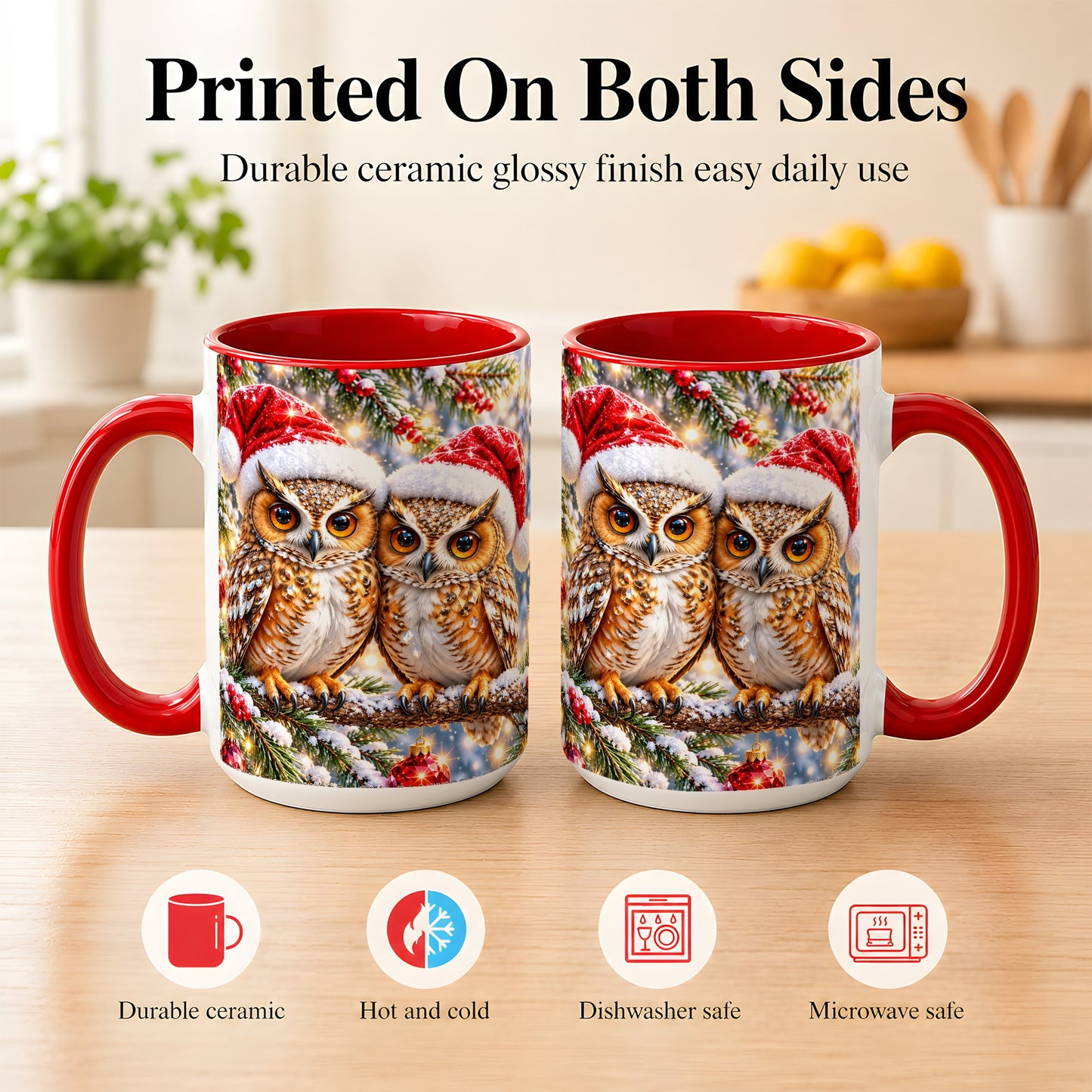 #pl[15oz|Red] Christmas Owl Couple Coffee Mug, Winter Owl Mug, Ceramic Cup