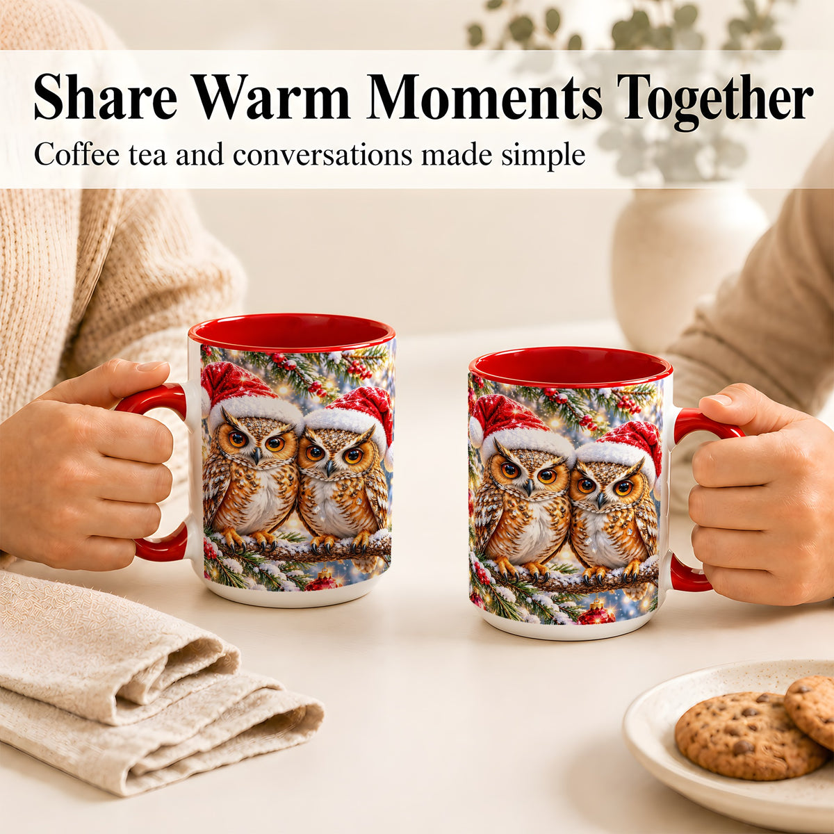 #pl[15oz|Red] Christmas Owl Couple Coffee Mug, Winter Owl Mug, Ceramic Cup