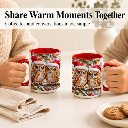 #pl[15oz|Red] Christmas Owl Couple Coffee Mug, Winter Owl Mug, Ceramic Cup