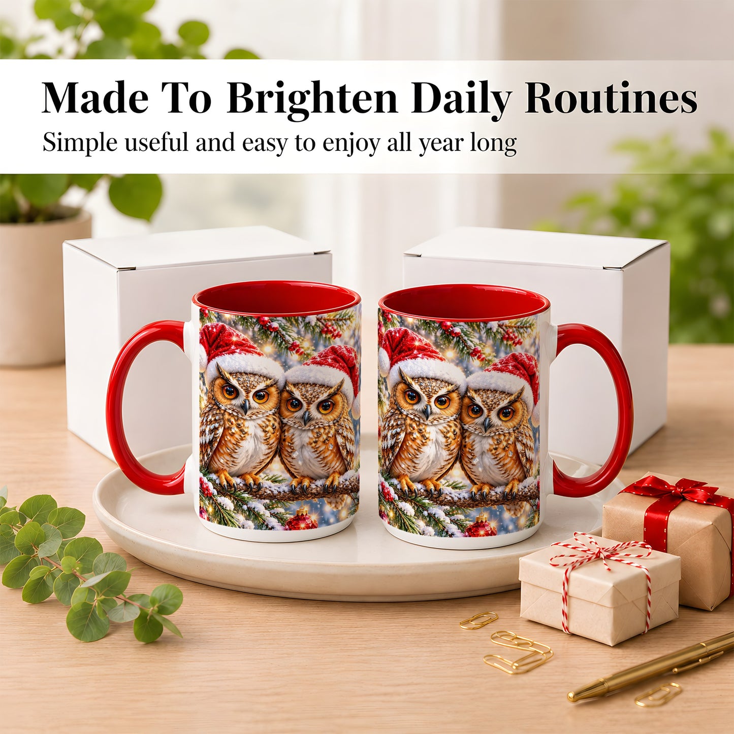 #pl[15oz|Red] Christmas Owl Couple Coffee Mug, Winter Owl Mug, Ceramic Cup