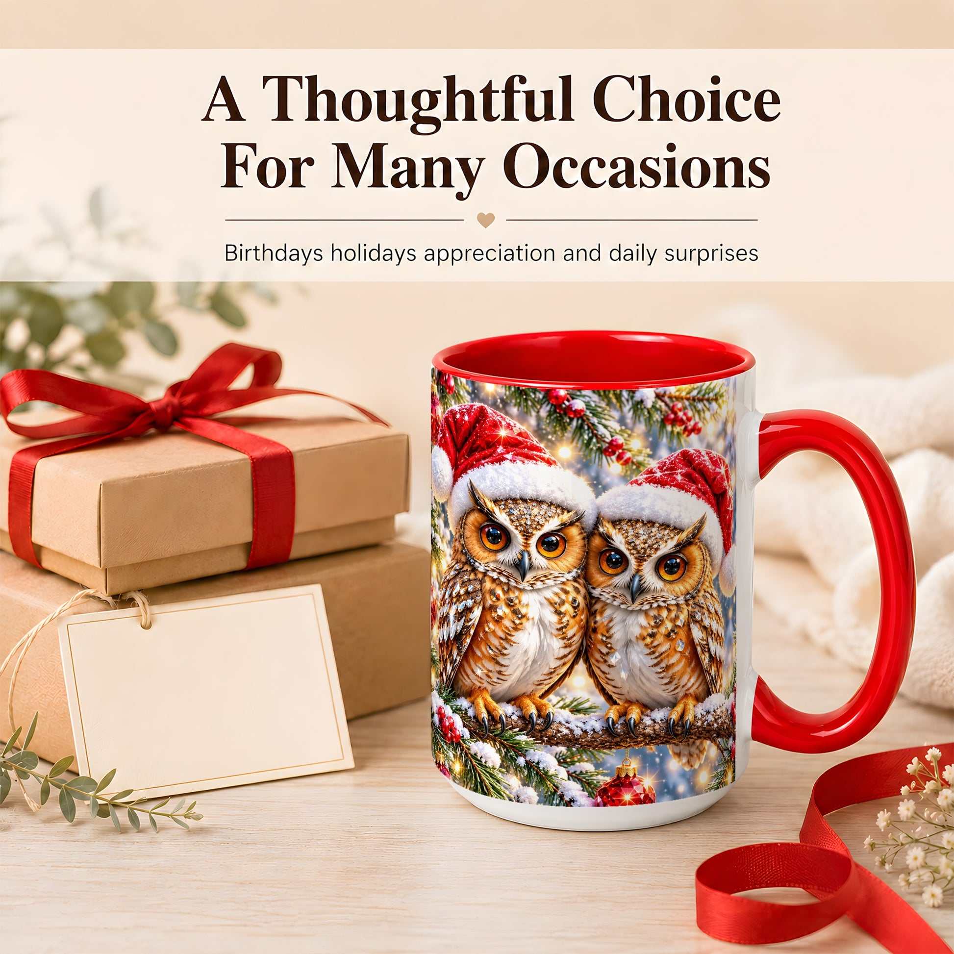 #pl[15oz|Red] Christmas Owl Couple Coffee Mug, Winter Owl Mug, Ceramic Cup