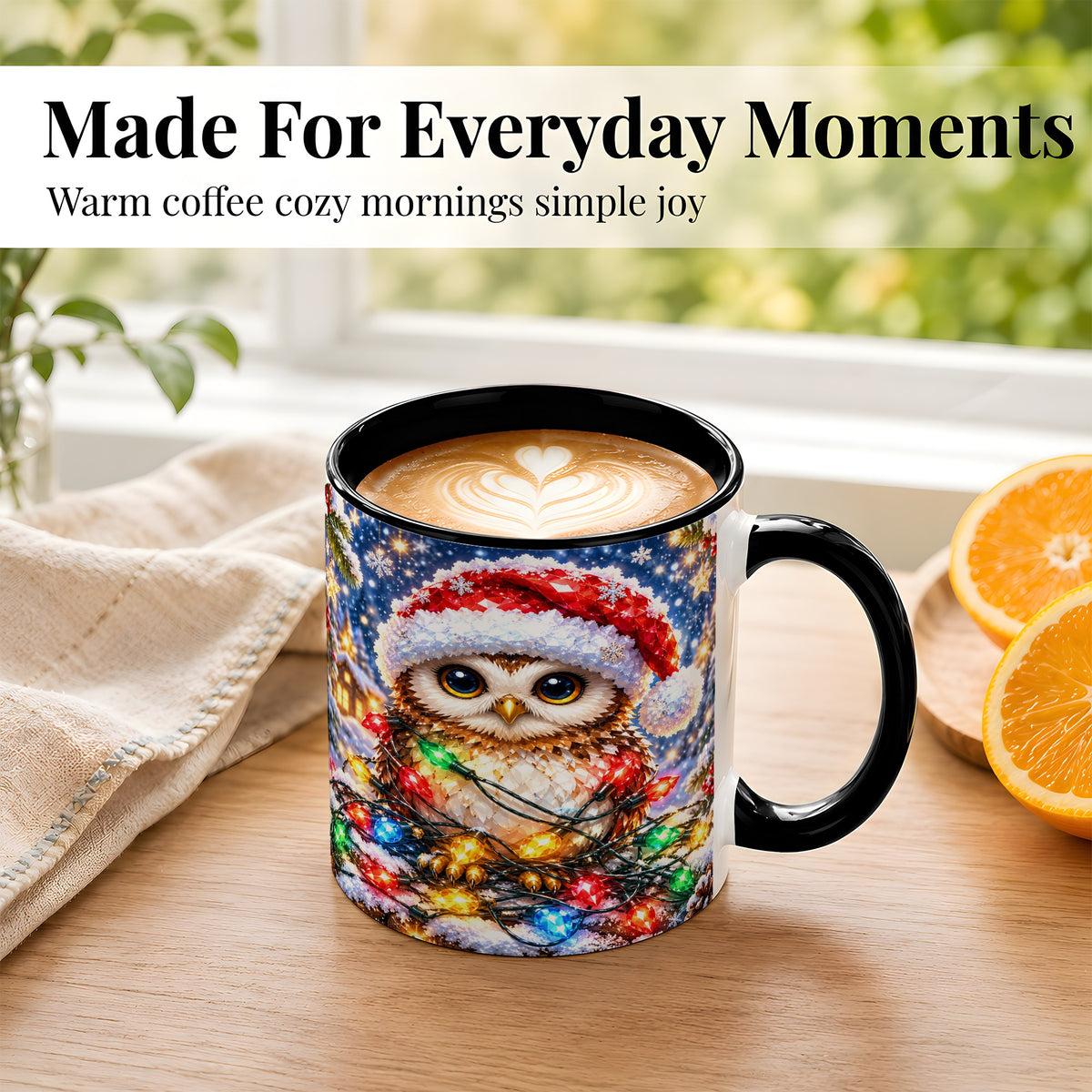 #pl[11oz|Black] Christmas Owl Coffee Mug, Holiday Lights Owl Mug, Crystal Style Ceramic Cup