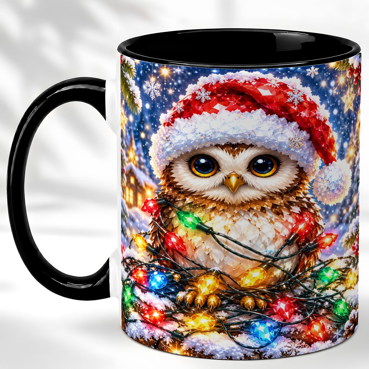 #pl[11oz|Black] Christmas Owl Coffee Mug, Holiday Lights Owl Mug, Crystal Style Ceramic Cup