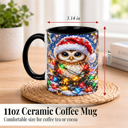 #pl[11oz|Black] Christmas Owl Coffee Mug, Holiday Lights Owl Mug, Crystal Style Ceramic Cup