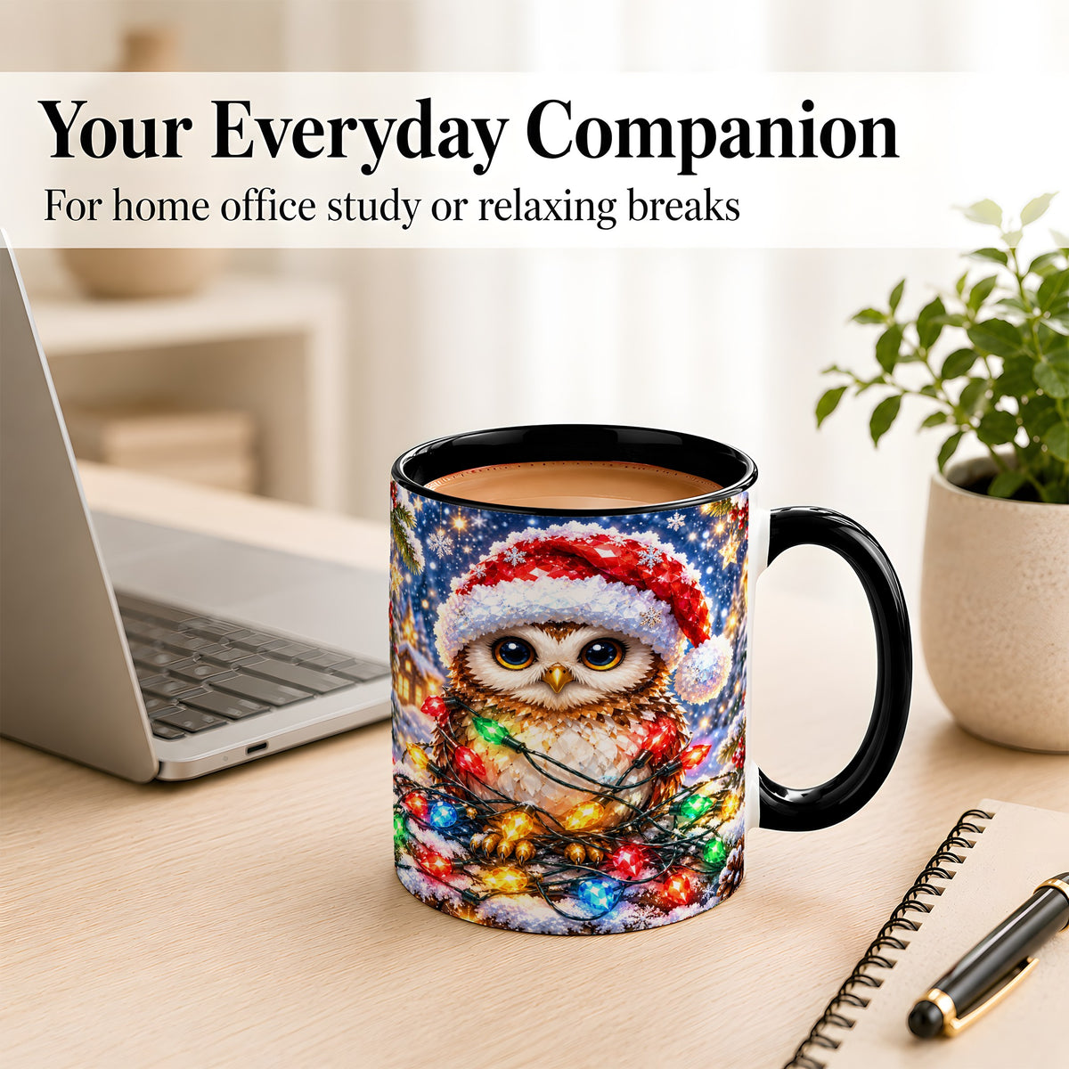 #pl[11oz|Black] Christmas Owl Coffee Mug, Holiday Lights Owl Mug, Crystal Style Ceramic Cup