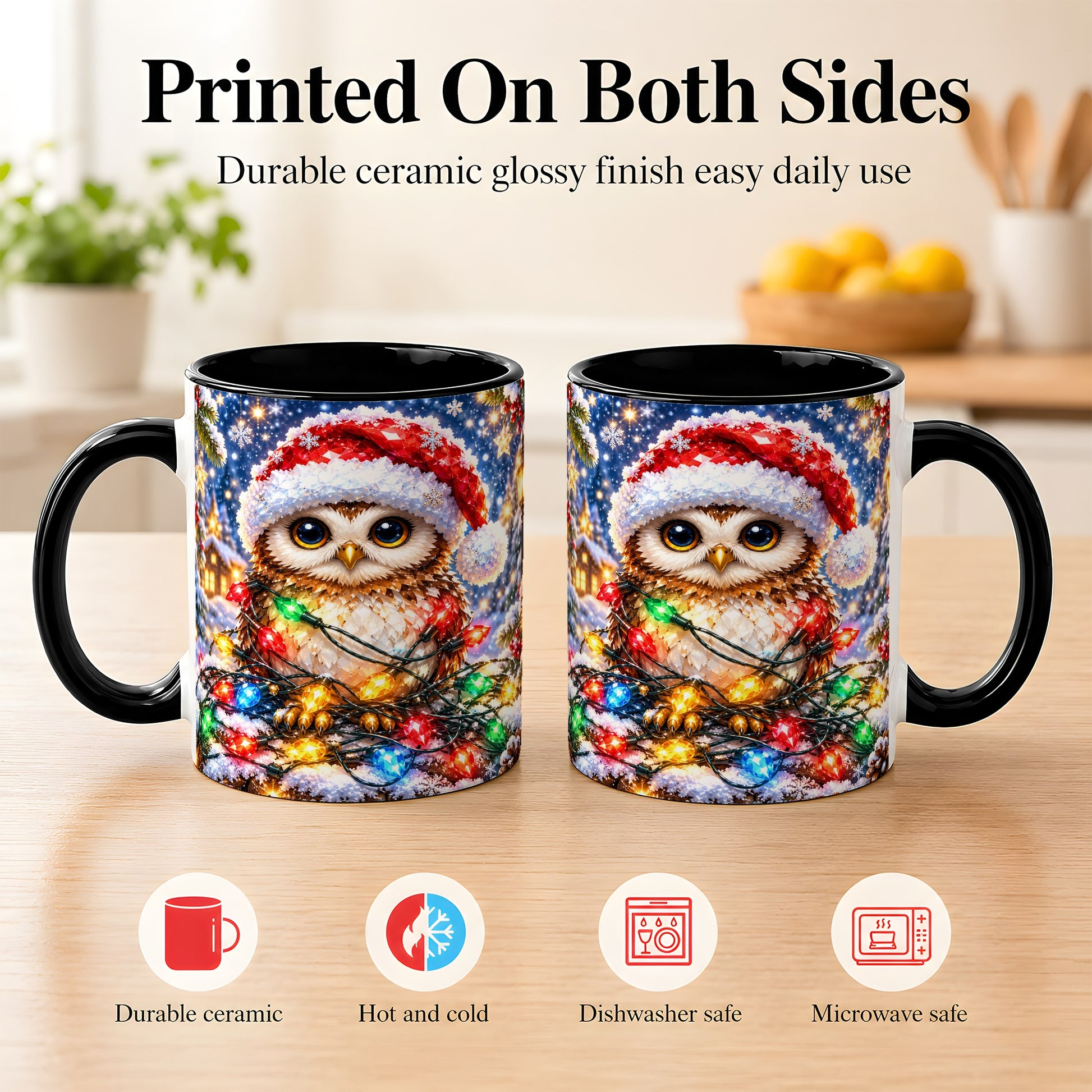 #pl[11oz|Black] Christmas Owl Coffee Mug, Holiday Lights Owl Mug, Crystal Style Ceramic Cup