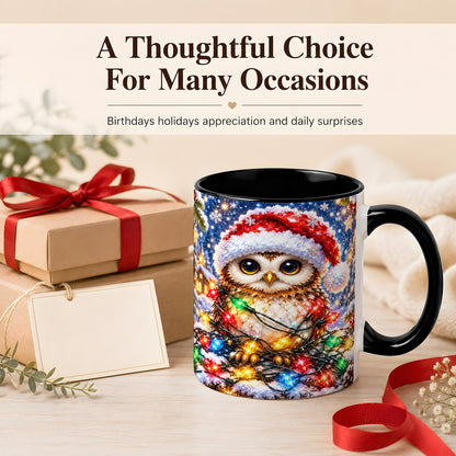 #pl[11oz|Black] Christmas Owl Coffee Mug, Holiday Lights Owl Mug, Crystal Style Ceramic Cup