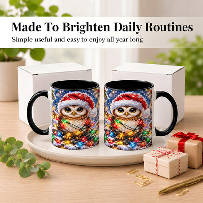 #pl[11oz|Black] Christmas Owl Coffee Mug, Holiday Lights Owl Mug, Crystal Style Ceramic Cup
