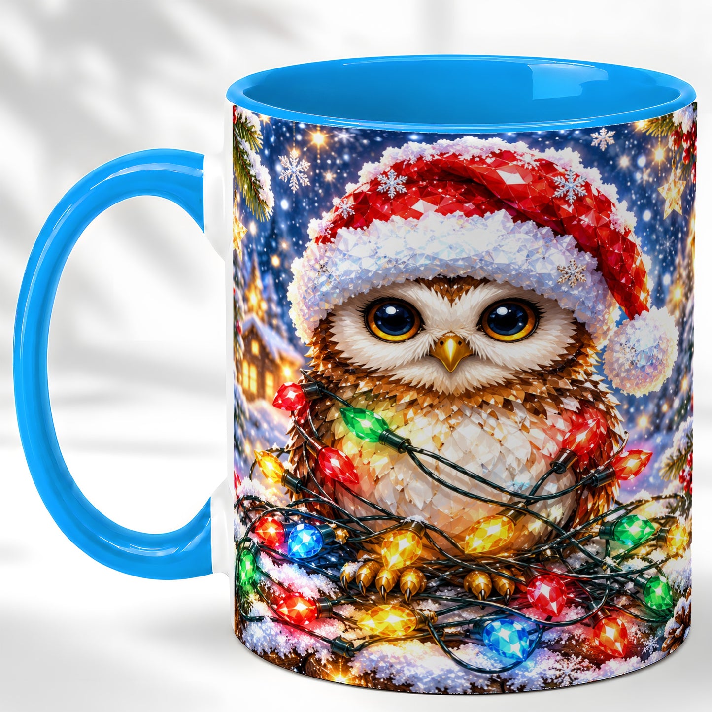 #pl[11oz|Blue] Christmas Owl Coffee Mug, Holiday Lights Owl Mug, Crystal Style Ceramic Cup