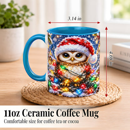 #pl[11oz|Blue] Christmas Owl Coffee Mug, Holiday Lights Owl Mug, Crystal Style Ceramic Cup