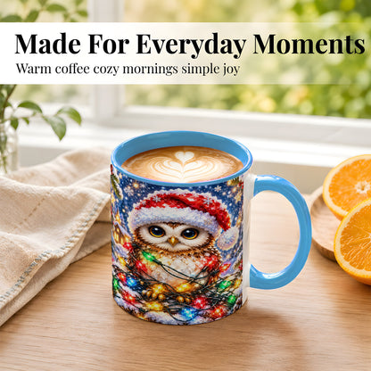 #pl[11oz|Blue] Christmas Owl Coffee Mug, Holiday Lights Owl Mug, Crystal Style Ceramic Cup