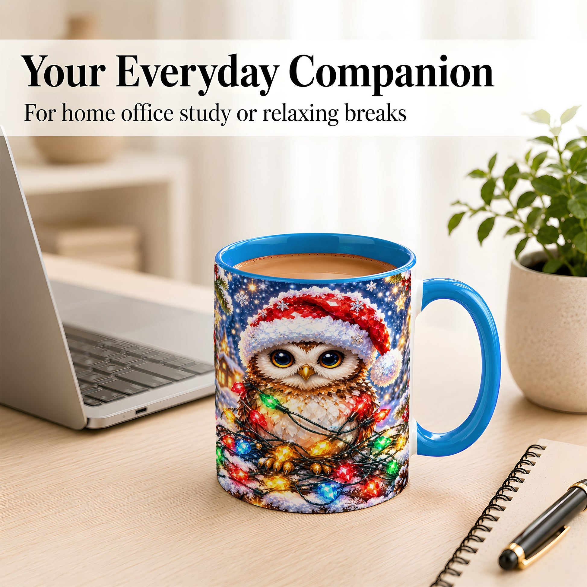 #pl[11oz|Blue] Christmas Owl Coffee Mug, Holiday Lights Owl Mug, Crystal Style Ceramic Cup