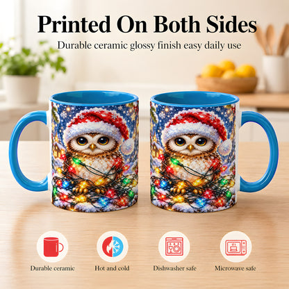 #pl[11oz|Blue] Christmas Owl Coffee Mug, Holiday Lights Owl Mug, Crystal Style Ceramic Cup