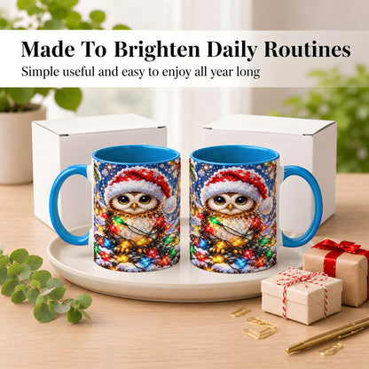 #pl[11oz|Blue] Christmas Owl Coffee Mug, Holiday Lights Owl Mug, Crystal Style Ceramic Cup