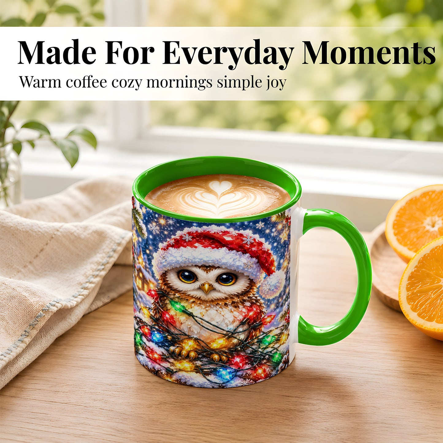 #pl[11oz|Green] Christmas Owl Coffee Mug, Holiday Lights Owl Mug, Crystal Style Ceramic Cup