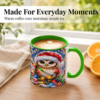 #pl[11oz|Green] Christmas Owl Coffee Mug, Holiday Lights Owl Mug, Crystal Style Ceramic Cup