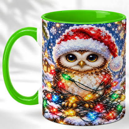 #pl[11oz|Green] Christmas Owl Coffee Mug, Holiday Lights Owl Mug, Crystal Style Ceramic Cup