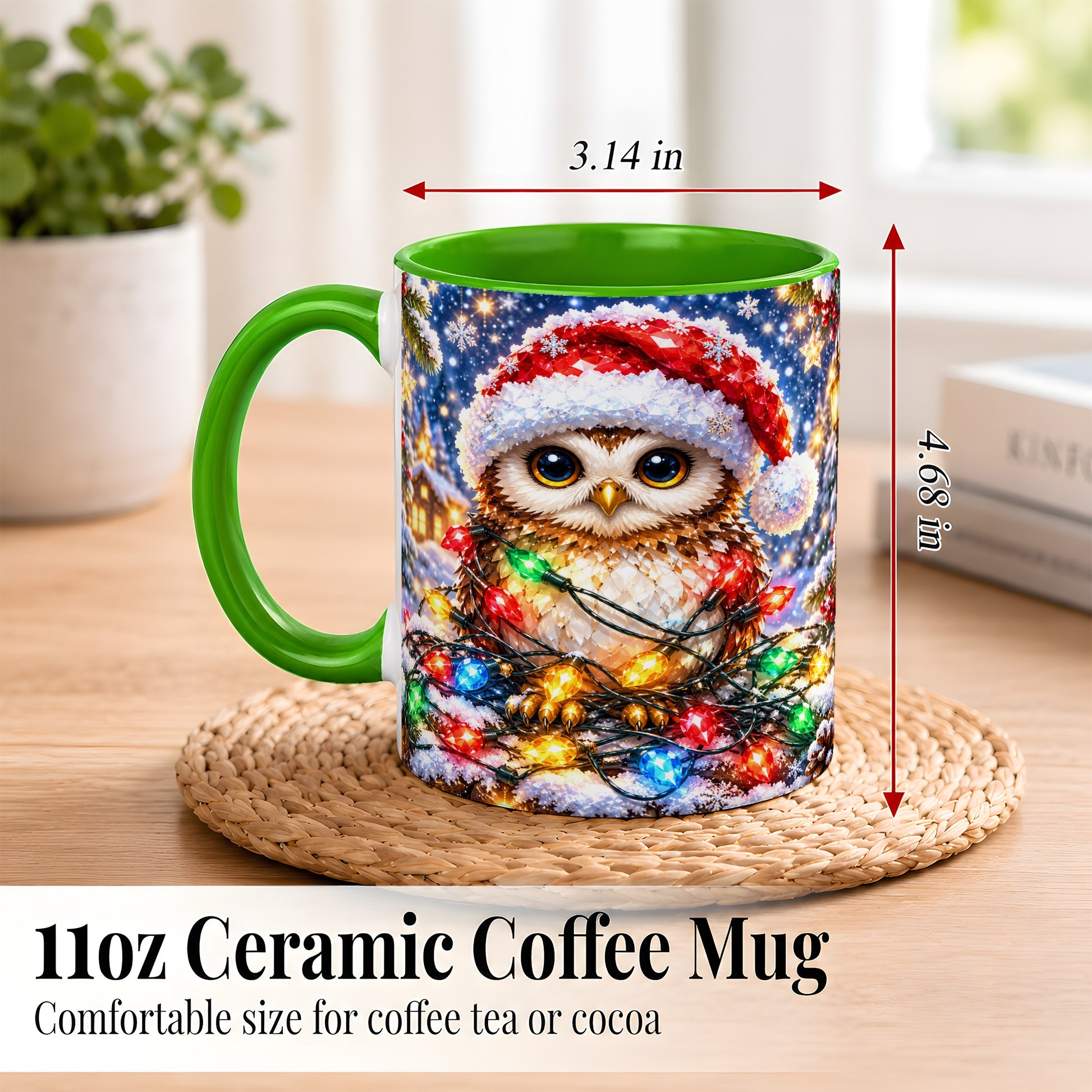 #pl[11oz|Green] Christmas Owl Coffee Mug, Holiday Lights Owl Mug, Crystal Style Ceramic Cup