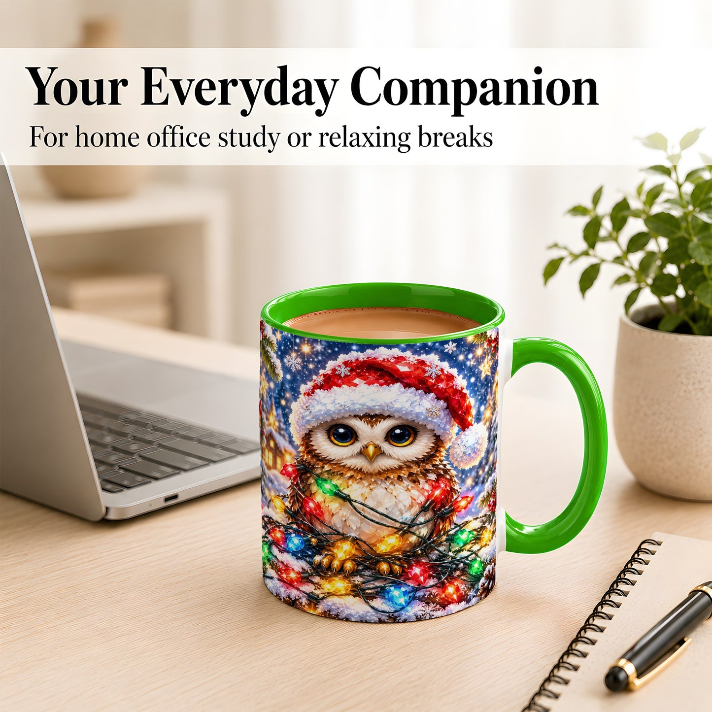 #pl[11oz|Green] Christmas Owl Coffee Mug, Holiday Lights Owl Mug, Crystal Style Ceramic Cup