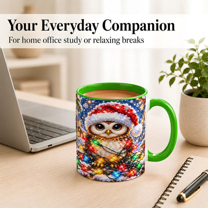 #pl[11oz|Green] Christmas Owl Coffee Mug, Holiday Lights Owl Mug, Crystal Style Ceramic Cup