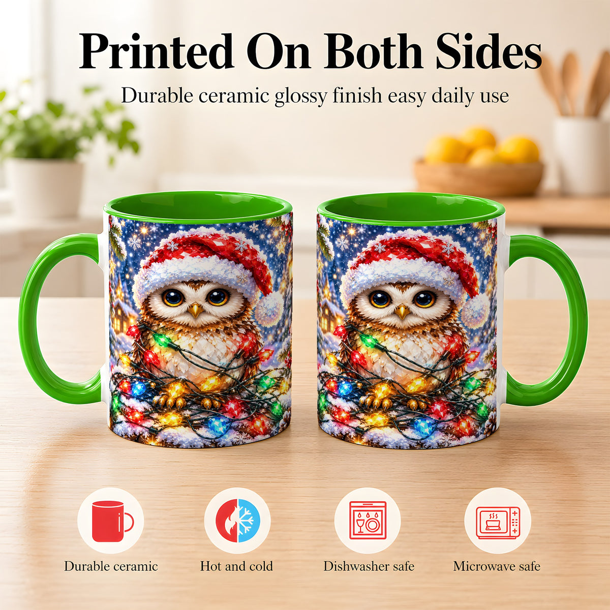 #pl[11oz|Green] Christmas Owl Coffee Mug, Holiday Lights Owl Mug, Crystal Style Ceramic Cup