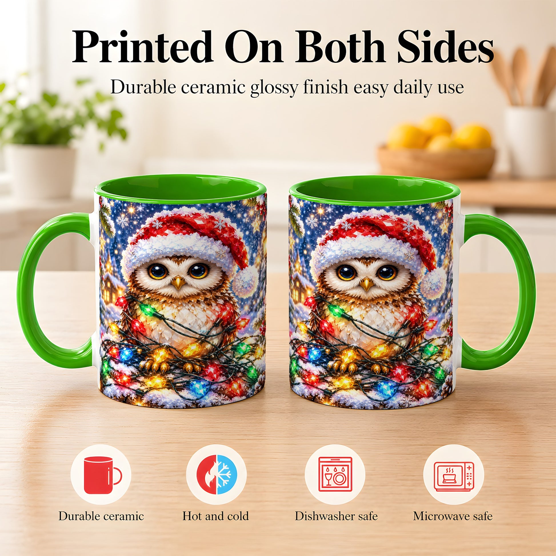 #pl[11oz|Green] Christmas Owl Coffee Mug, Holiday Lights Owl Mug, Crystal Style Ceramic Cup