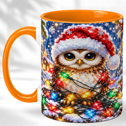 #pl[11oz|Orange] Christmas Owl Coffee Mug, Holiday Lights Owl Mug, Crystal Style Ceramic Cup