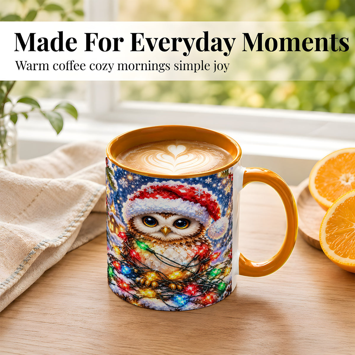 #pl[11oz|Orange] Christmas Owl Coffee Mug, Holiday Lights Owl Mug, Crystal Style Ceramic Cup