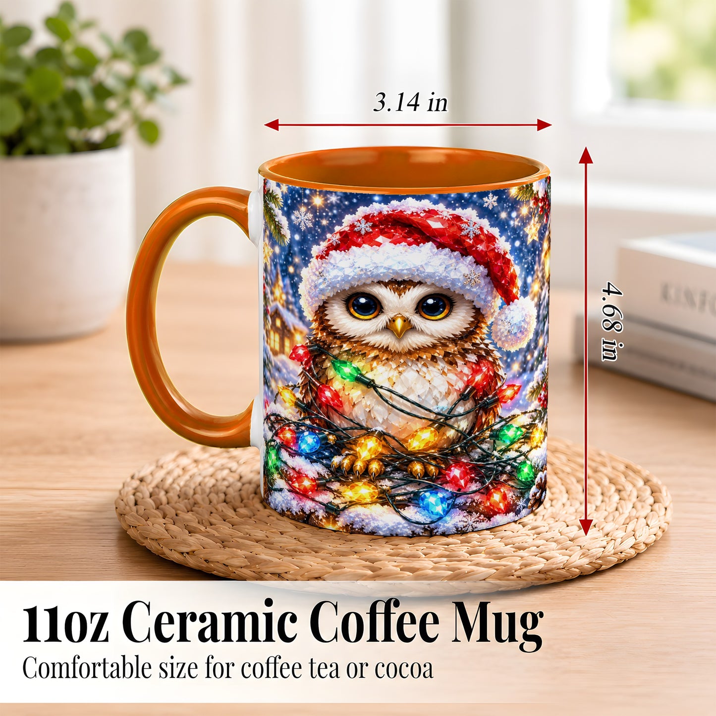 #pl[11oz|Orange] Christmas Owl Coffee Mug, Holiday Lights Owl Mug, Crystal Style Ceramic Cup