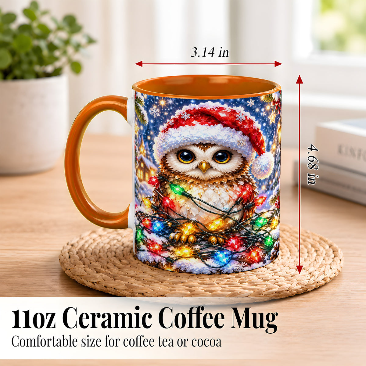 #pl[11oz|Orange] Christmas Owl Coffee Mug, Holiday Lights Owl Mug, Crystal Style Ceramic Cup