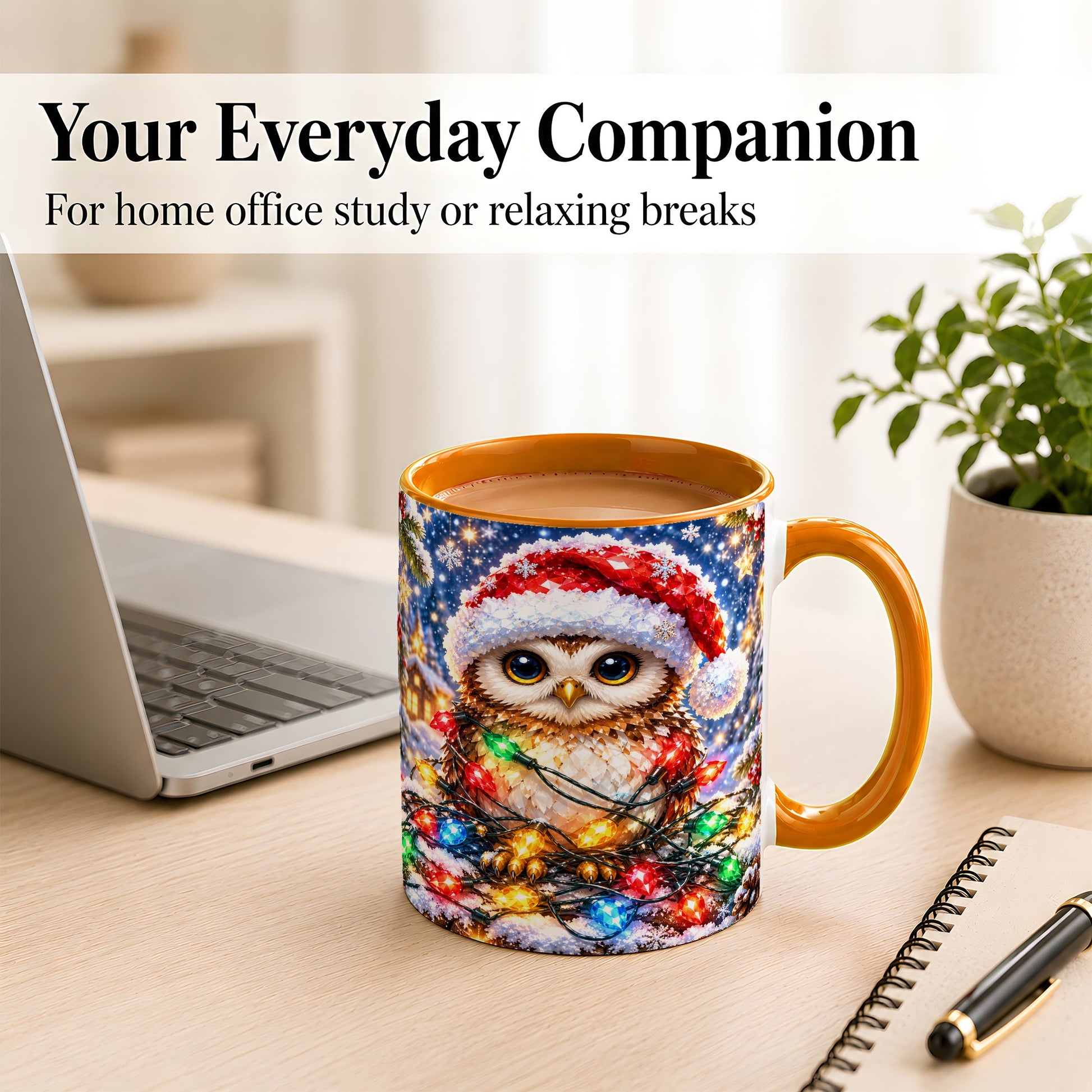 #pl[11oz|Orange] Christmas Owl Coffee Mug, Holiday Lights Owl Mug, Crystal Style Ceramic Cup