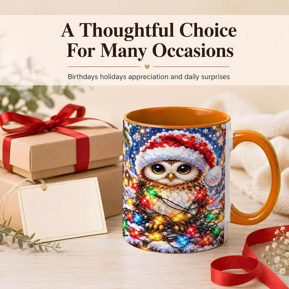 #pl[11oz|Orange] Christmas Owl Coffee Mug, Holiday Lights Owl Mug, Crystal Style Ceramic Cup