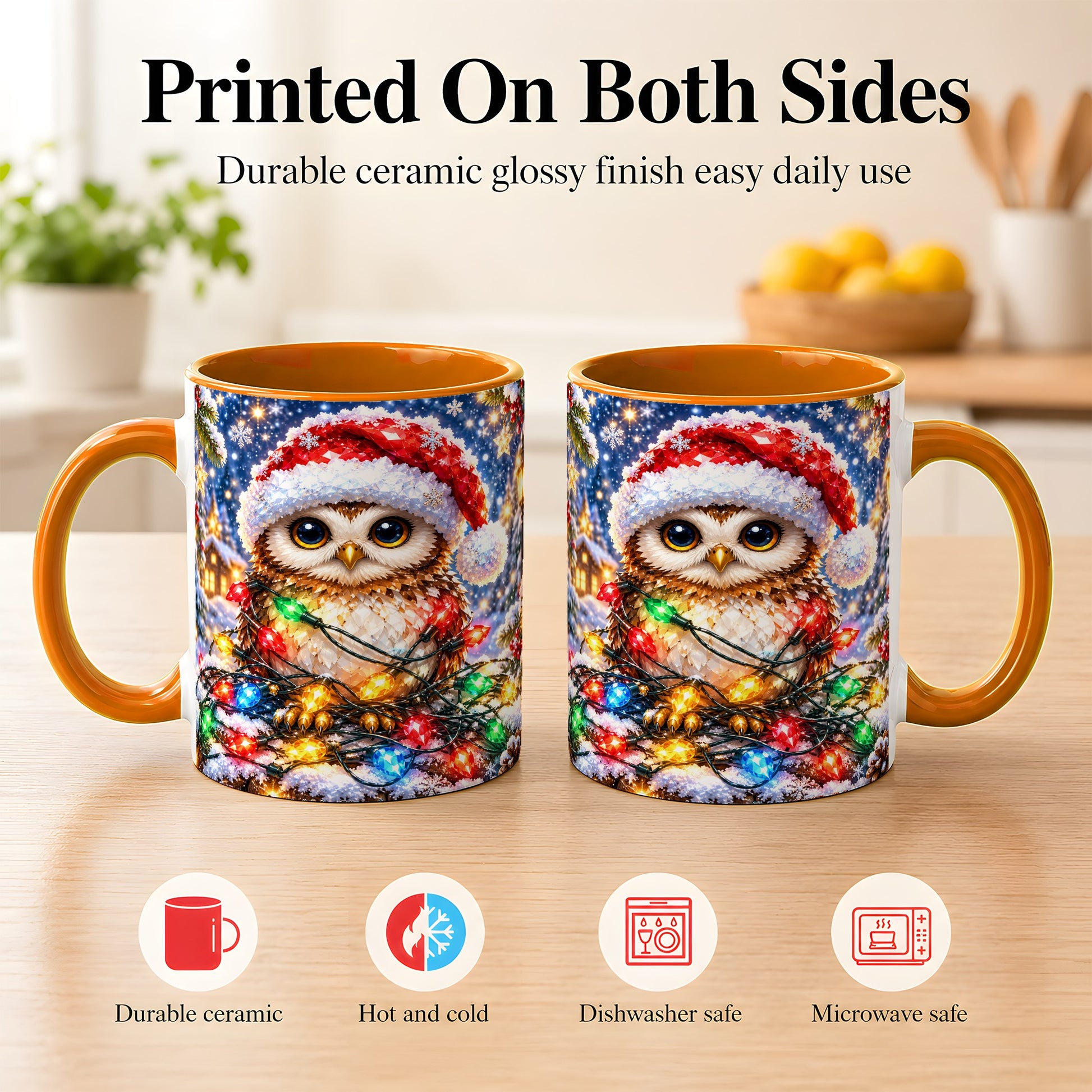 #pl[11oz|Orange] Christmas Owl Coffee Mug, Holiday Lights Owl Mug, Crystal Style Ceramic Cup