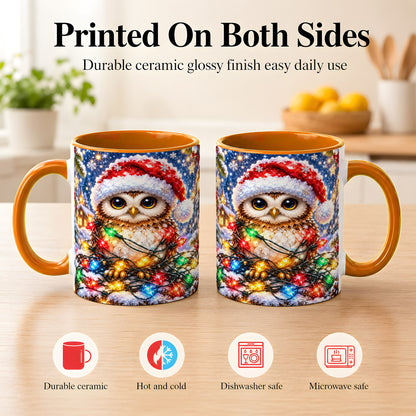#pl[11oz|Orange] Christmas Owl Coffee Mug, Holiday Lights Owl Mug, Crystal Style Ceramic Cup
