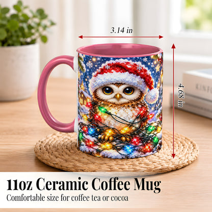 #pl[11oz|Pink] Christmas Owl Coffee Mug, Holiday Lights Owl Mug, Crystal Style Ceramic Cup