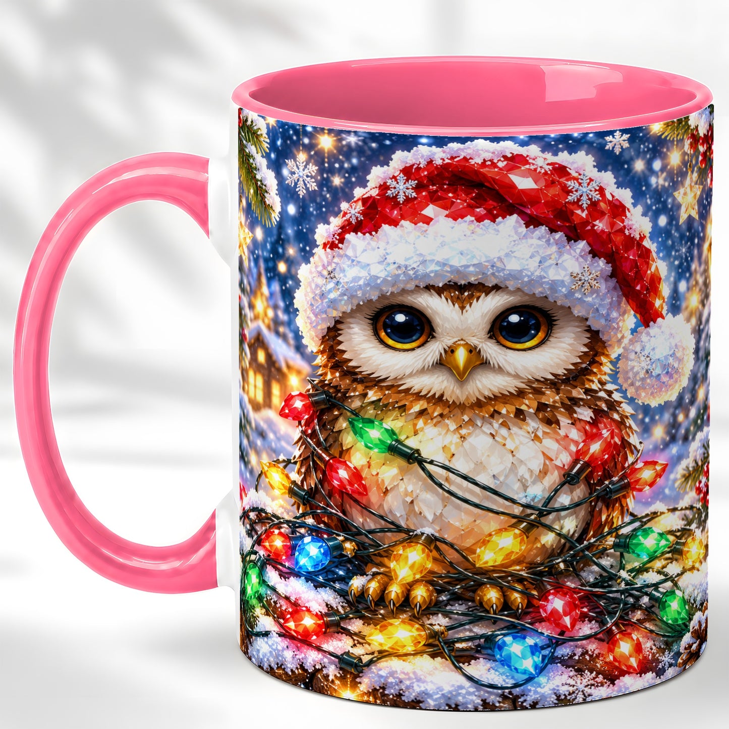 #pl[11oz|Pink] Christmas Owl Coffee Mug, Holiday Lights Owl Mug, Crystal Style Ceramic Cup