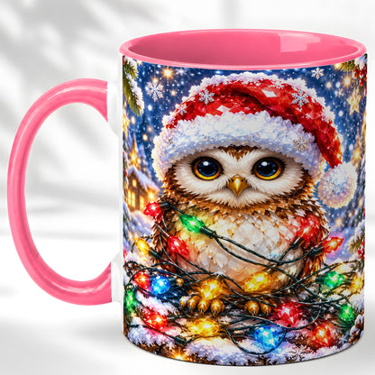 #pl[11oz|Pink] Christmas Owl Coffee Mug, Holiday Lights Owl Mug, Crystal Style Ceramic Cup