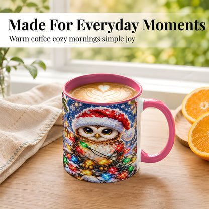 #pl[11oz|Pink] Christmas Owl Coffee Mug, Holiday Lights Owl Mug, Crystal Style Ceramic Cup