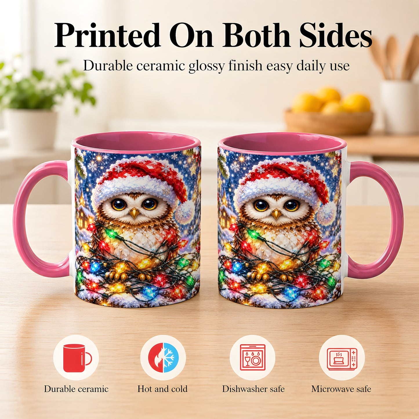 #pl[11oz|Pink] Christmas Owl Coffee Mug, Holiday Lights Owl Mug, Crystal Style Ceramic Cup